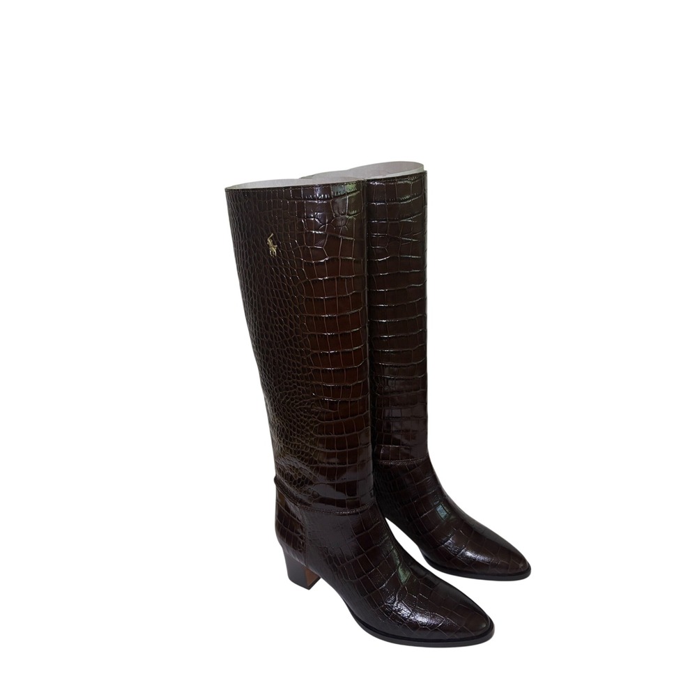 Polo Ralph Lauren Brown Croc Embossed Leather Knee High Boots Made in Italy 6B
